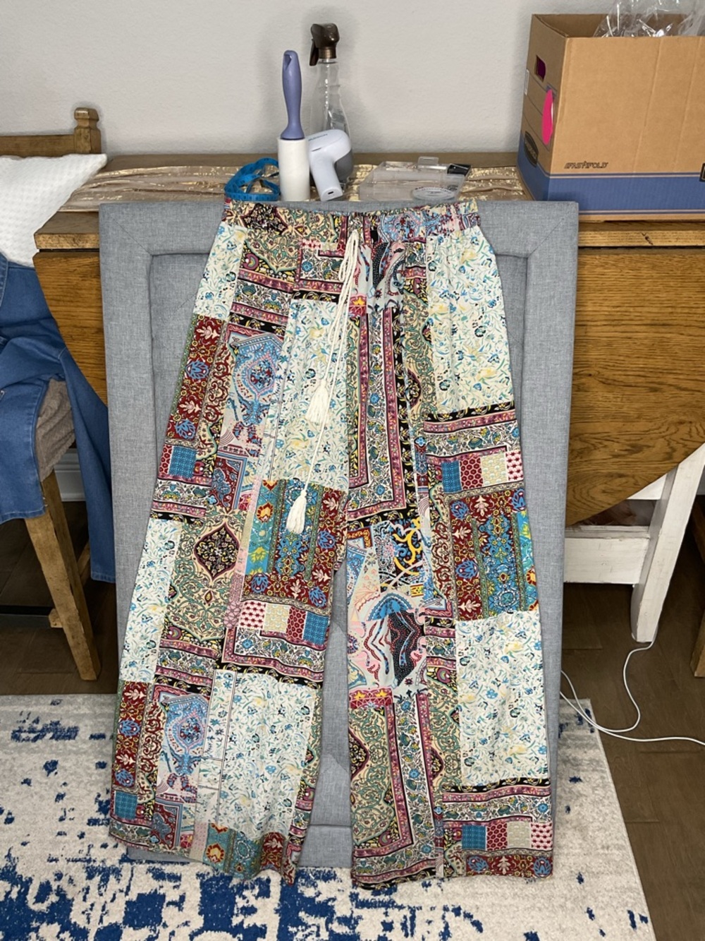 Boho Patchwork Split Leg Palazzo Pants Large Wide Leg Resort Festival - Picture 3 of 4